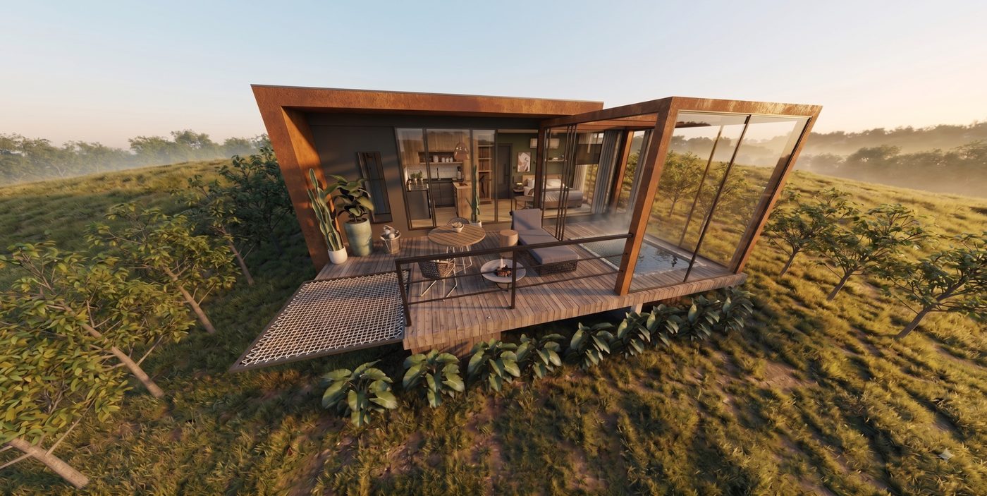 Projeto 3D da Cabana Oásis da Construsa: cabana de aço corten e vidro com deck de madeira, ofurô, rede suspensa e fachada envidraçada voltada para o campo