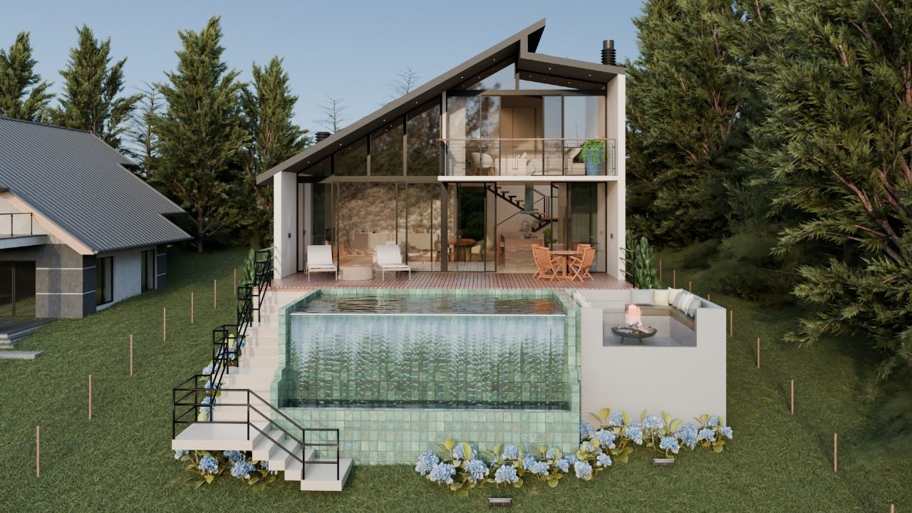 Projeto 3D da Casa de Campo em Steel Frame da Construsa: telhado inclinado, fachada de vidro em dois pavimentos, deck e piscina de borda infinita com revestimento verde
