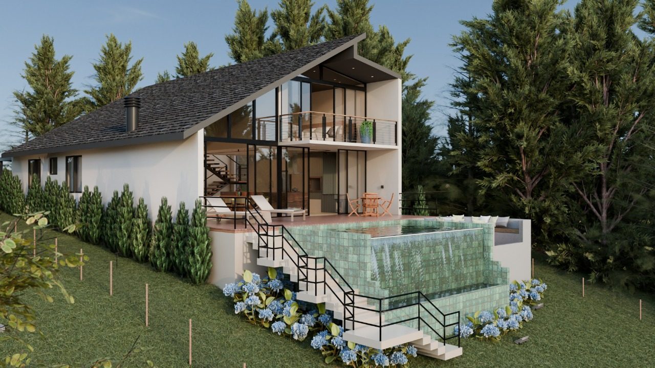 Segunda vista do projeto 3D da casa de campo, mostrando a lateral com telhado inclinado e a piscina